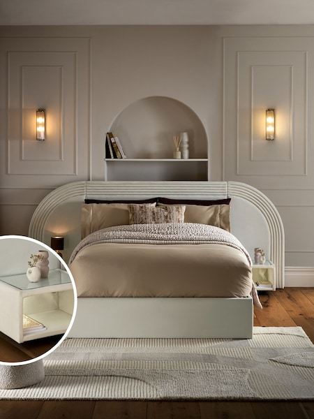 Soft Velvet Natural Oyster Iris Upholstered Hotel Bed Frame with Ottoman Storage Bedside Tables and Lights (B23363) | €1,625 - €1,750