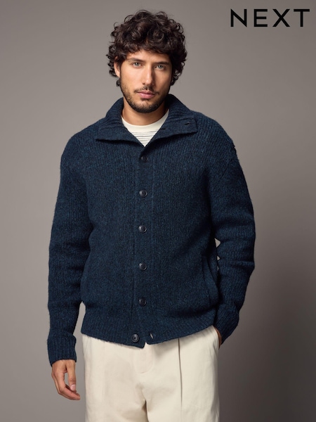 Navy Blue Relaxed Fit Soft Touch Button Through Jumper with Wool (B23388) | $72