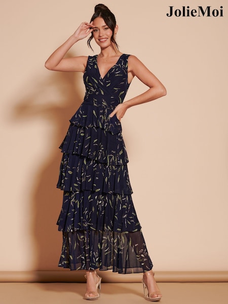 Albastru - Rochie maxi cu tiv suprapus și plasă Jolie Moi (B23389) | 340 LEI