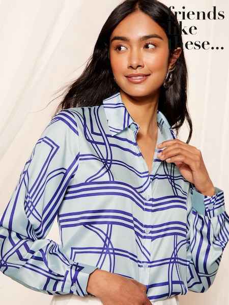 Friends Like These Blue Geo Print Satin Button Through Shirt (B23441) | €45