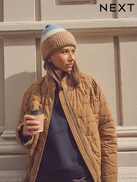 Blue Block Stripe Wool And Alpaca Blend Knitted Beanie Hat (B23476) | €10
