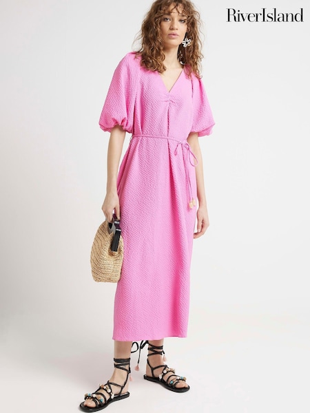 River Island Pink Medium Puff Belted Texture Dress (B23497) | €18.50