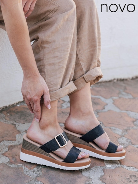 Novo Black Bridgette Double Strap Wedge Mule Sandals (B23507) | €49