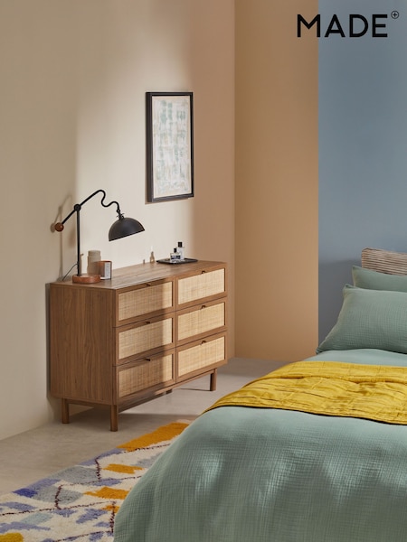MADE.COM Dark Oak Effect Pavia Rattan 6 Drawer Wide Chest of Drawers (B23595) | €631