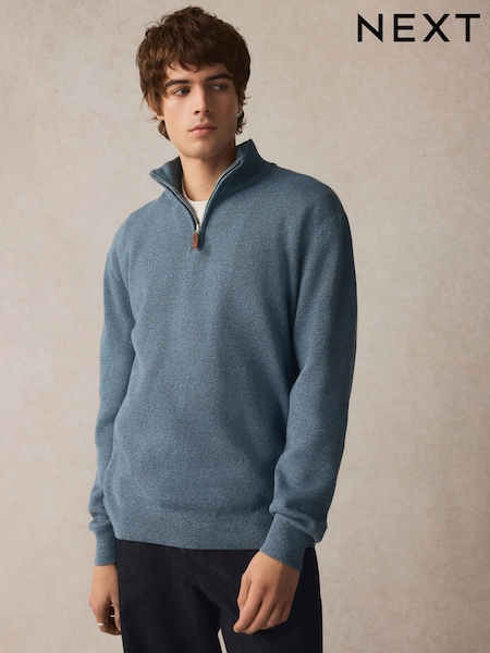 Mid Blue Plain Regular Fit 100% Cotton Premium Quarter Zip Jumper (B23636) | €45