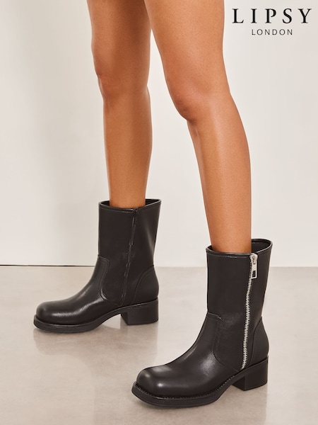 Lipsy Black Chunky Square Toe Comfort Casual Zip Up Moto Biker Faux Leather Ankle Boot (B23728) | €22.50
