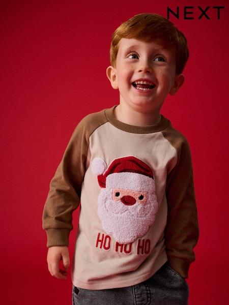 Brown/White Long Sleeve Christmas 100% Cotton T-Shirt (3mths-7yrs) (B23751) | €9 - €11