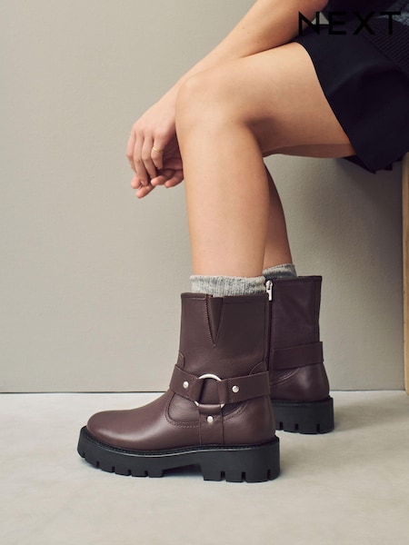 Burgundy Red Standard/Wide Fit Forever Comfort® Buckle Strap Leather Ankle Biker Boots (B23753) | €37