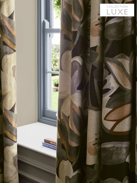 Navy Blue Collection Luxe Linen Blend Contemporary Floral Pencil Pleat Lined Curtains (B23778) | €115 - €253