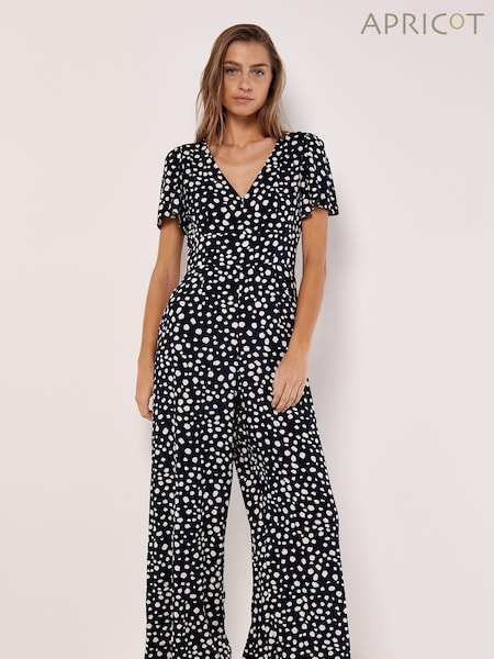 Apricot Blue Painterly Dot V-Neck Sleeve Jumpsuit (B23962) | €21.50