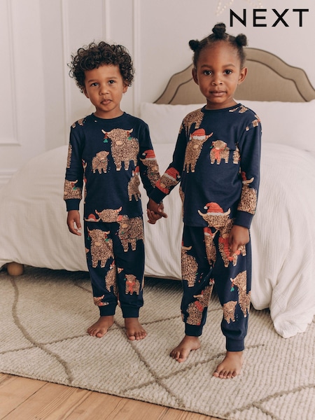 Navy Blue Matching Family Kids Christmas Hamish The Highland Cow 100% Cotton Pyjamas (12mths-8yrs) (B24010) | €10 - €14