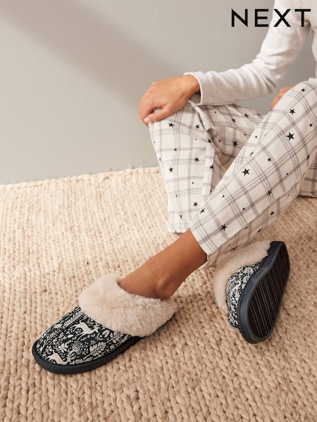 Navy Woodland Suede Faux Fur Lined Mule Slippers (B24033) | €14