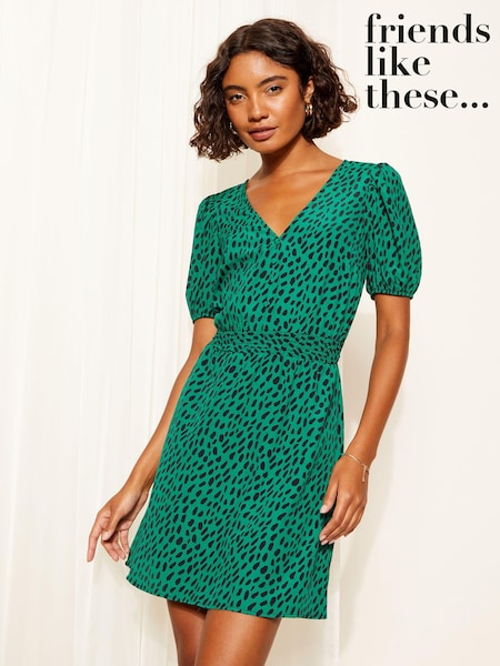 Verde - Rochie mini cu talie încrețită și mânecă bufantă Friends Like These (B24061) | 125 LEI