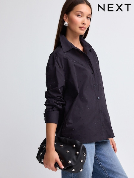 Black Gem Embellished Oversized 100% Cotton Shirt (B24066) | AED94