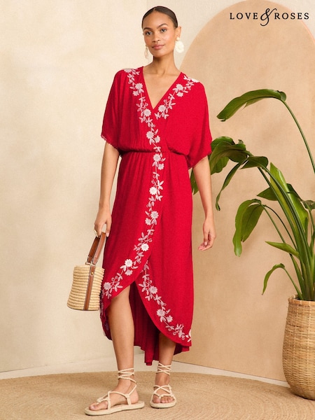Love & Roses Red Embroidery Split Hem Longline Coverup Kaftan (B24107) | €30