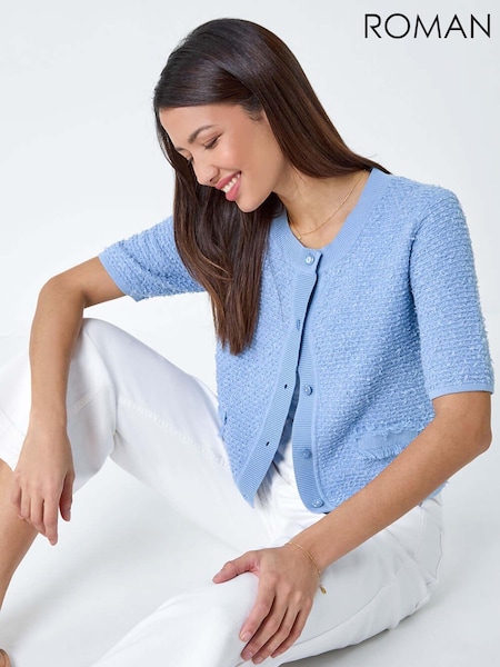 Roman Blue Fringe Detail Sparkle Button Cotton Cardigan (B24138) | AED131