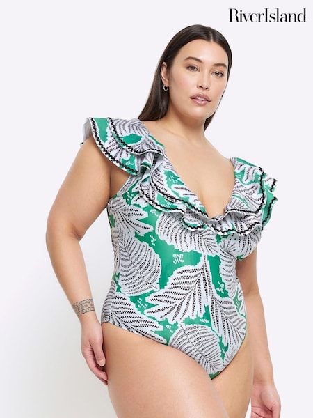 River Island Green Curve Frill Plunge Swimsuit (B24207) | €17
