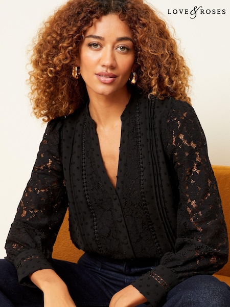 Love & Roses Black Lace Mix Button Through Long Sleeve Blouse (B24230) | €42
