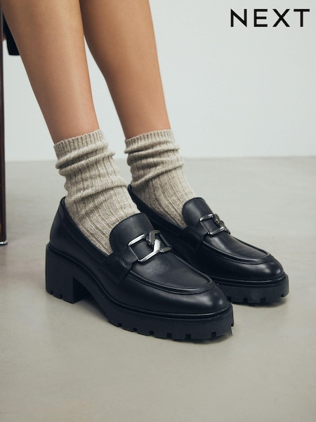 Black Forever Comfort® Leather Chunky Hardware Heel Loafers (B24380) | €43