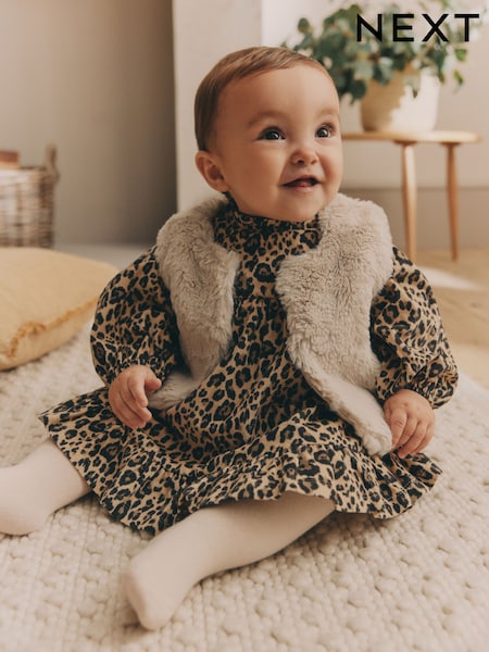 Leopard Print Faux Fur Gilet, Dress & Tights Set (0mths-2yrs) (B24528) | AED99 - AED106