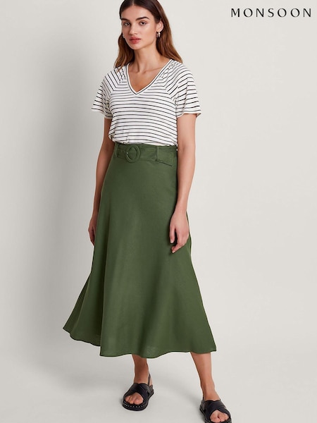 Monsoon Green Belted Linen Blend Midi Skirt (B24610) | €35