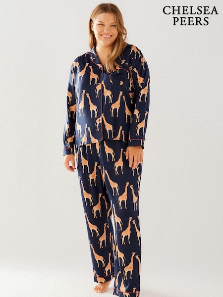 Chelsea Peers Blue Curve Satin Giraffe Print Long Pyjama Set (B24648) | AED320