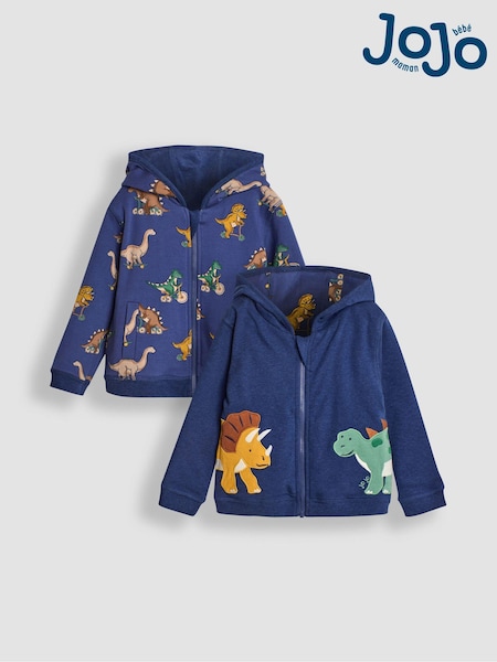 JoJo Maman Bébé Indigo Blue Dinosaur Appliqué Reversible Hoodie (B24654) | €45