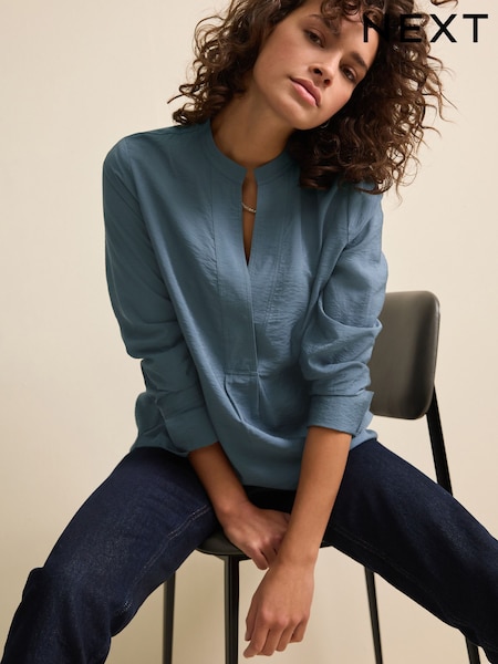 Steel Blue Long Sleeve Textured Overhead V-Neck Blouse (B24823) | 75 QAR
