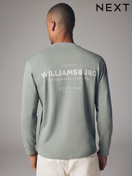 Green Relaxed Fit Long Sleeve Heavyweight Back Print Graphic 100% Cotton T-Shirt (B24829) | €25