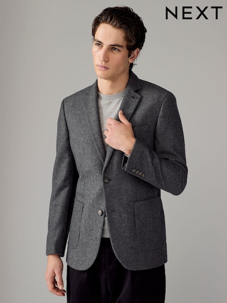 Charcoal Grey Slim Fit Wool Rich Herringbone Blazer (B24883) | AED433