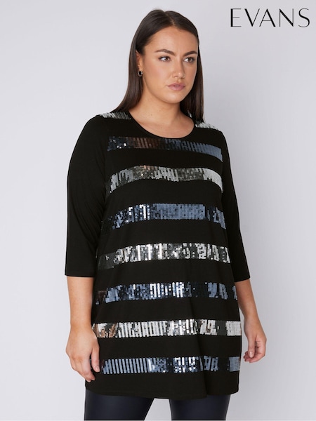 Evans 3/4 Sleeve Sequin Stripe Top (B24910) | €21.50