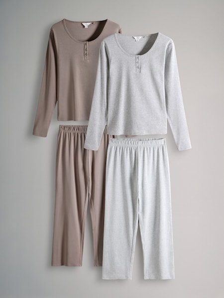 The Set Light Grey/Taupe Brown 2 Pack Rib Henley Long Sleeve Pyjamas (B24959) | €38