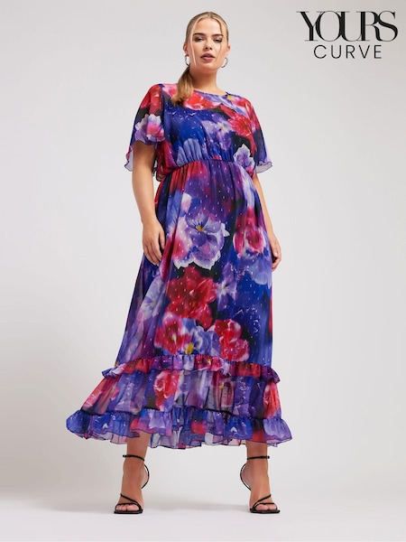 Yours Curve Blue LONDON Floral Print Maxi Smock Dress (B25022) | ₪302