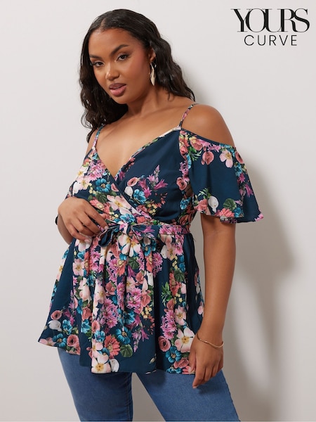 Yours Curve Blue YOURS LONDON Curve Navy Blue Floral Print Cold Shoulder Top (B25029) | €56