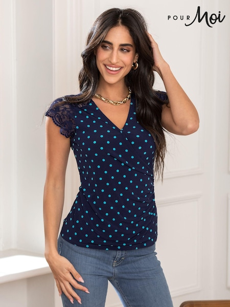 أزرق منقط - Pour Moi Julie Fuller Bust Slinky Jersey Lace Trim Wrap Top (B25078) | ‏204 د.إ.‏