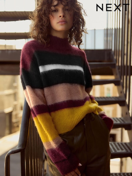 Burgundy Stripe Soft Touch Brushed Knit Jumper with Wool (B25198) | AED93
