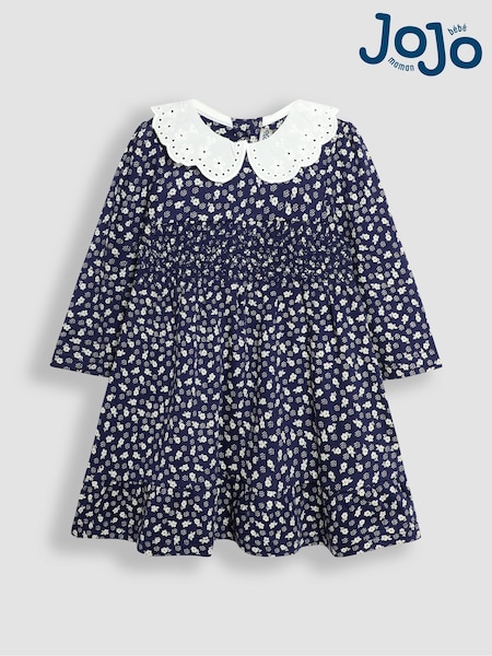 JoJo Maman Bébé Navy Blue Floral Broderie Collar Dress (B25214) | €40