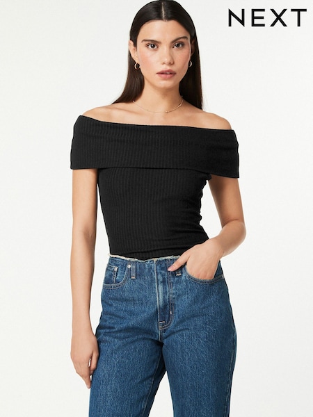 Schwarz - Bardot Off The Shoulder Summer Ribbed Top (B25244) | 7 €