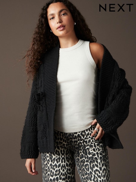 črna - Soft Touch Fringe Knitted Cardigan (B25269) | € 31