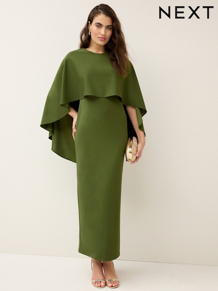Olive Green Cape Maxi Dress (B25316) | 323 QAR