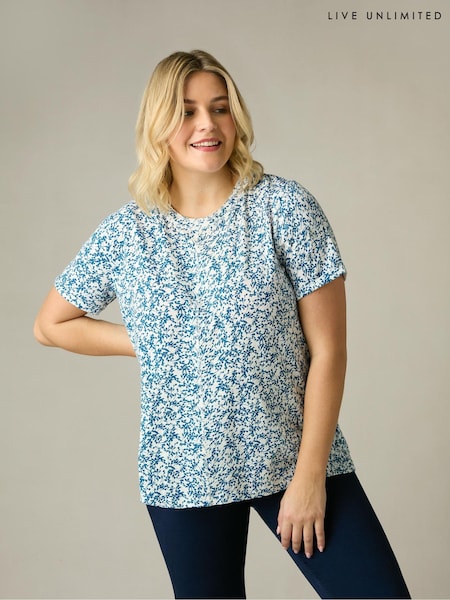 Live Unlimited Blue Curve Sprig Print Cotton Slub Round Neck T-Shirt (B25342) | €27