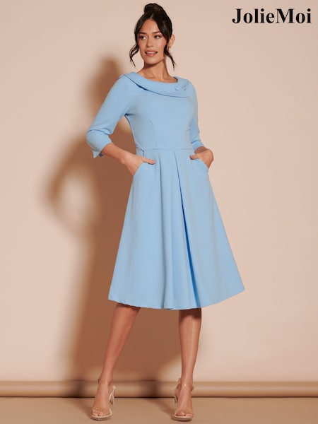Jolie Moi Light Blue 3/4 Sleeve Fold Neck Midi Dress (B25346) | ₪392