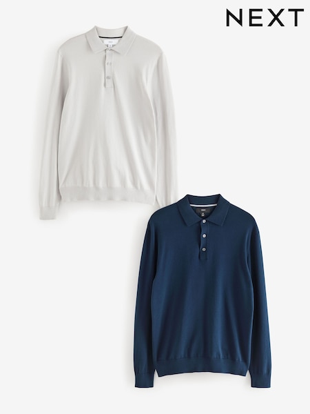 Navy Blue/Grey Slim Fit Knitted Long Sleeve Polo Shirts 2 Pack (B25437) | R$ 535