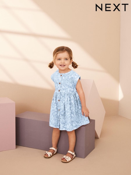 Blue Floral 100% Cotton Button Through Summer Dress (3mths-8yrs) (B25491) | €7 - €8.50