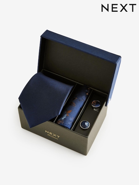 Navy Blue Silk Tie, Pocket Square and Cufflinks Gift Box Set (B25543) | 198 QAR