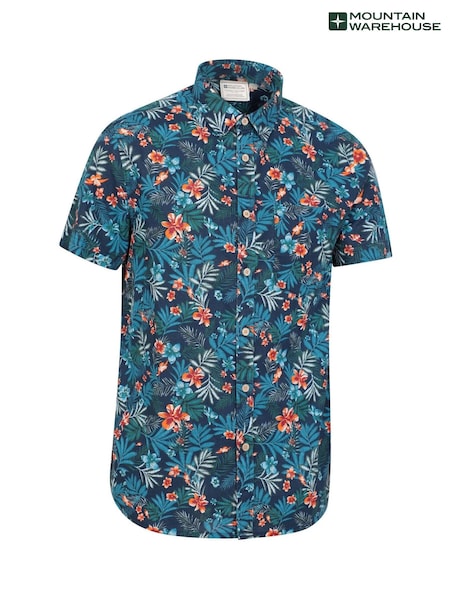 Mountain Warehouse Aqua Blue 100% Cotton Tropical Printed Mens Short Sleeved Shirt (B25601) | ₪151