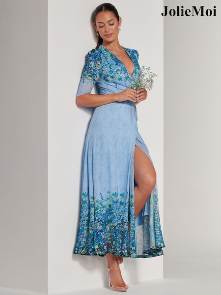 Jolie Moi Blue Peggy Ruched Sleeve Wrap Mesh Maxi Dress (B25700) | ₪397