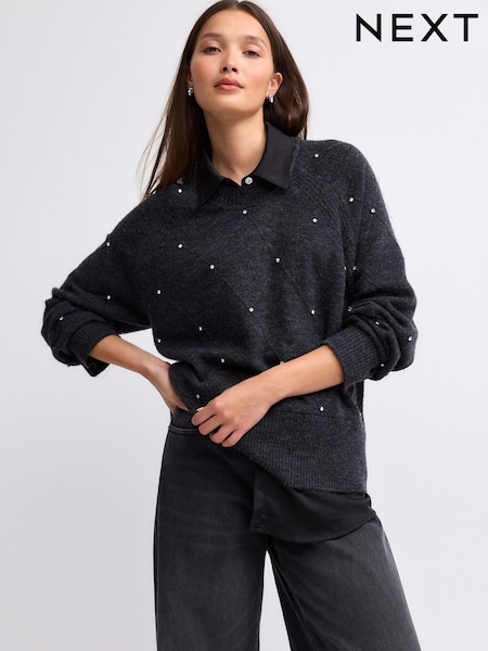 Grey Charcoal Shirt Layer Gem Embellished Argyle Knitted Jumper (B25801) | € 57