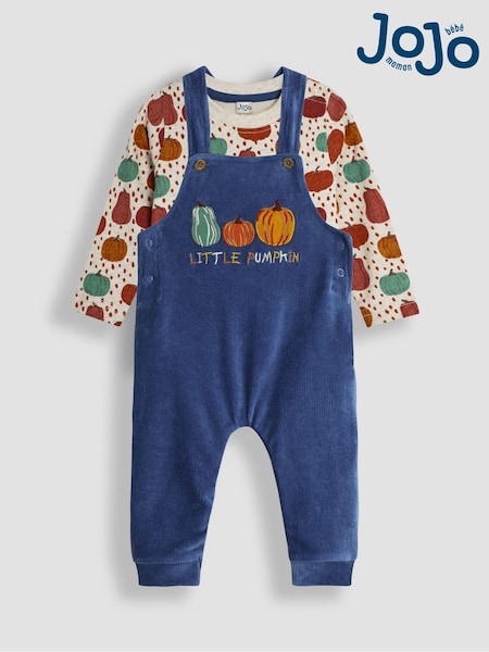 JoJo Maman Bébé Denim Pumpkin Applique Velour Dungarees And Top Set (B25819) | 139 QAR