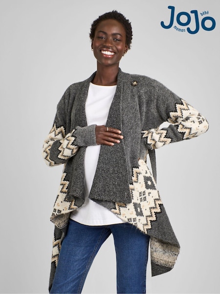 JoJo Maman Bébé Charcoal Grey Maternity Drape Fair Isle Pattern Cardigan (B25840) | kr707